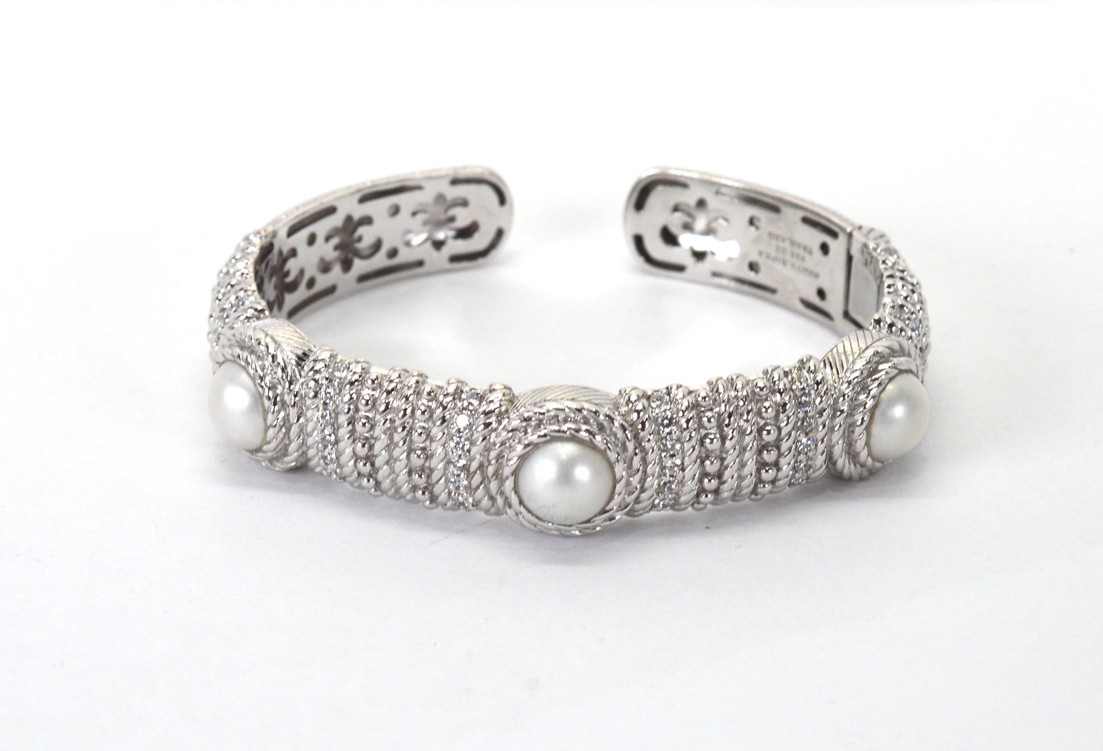 Judith Ripka Sterling Silver Faux Pearl and Crystal Statement Bangle Bracelet (1 of 7)