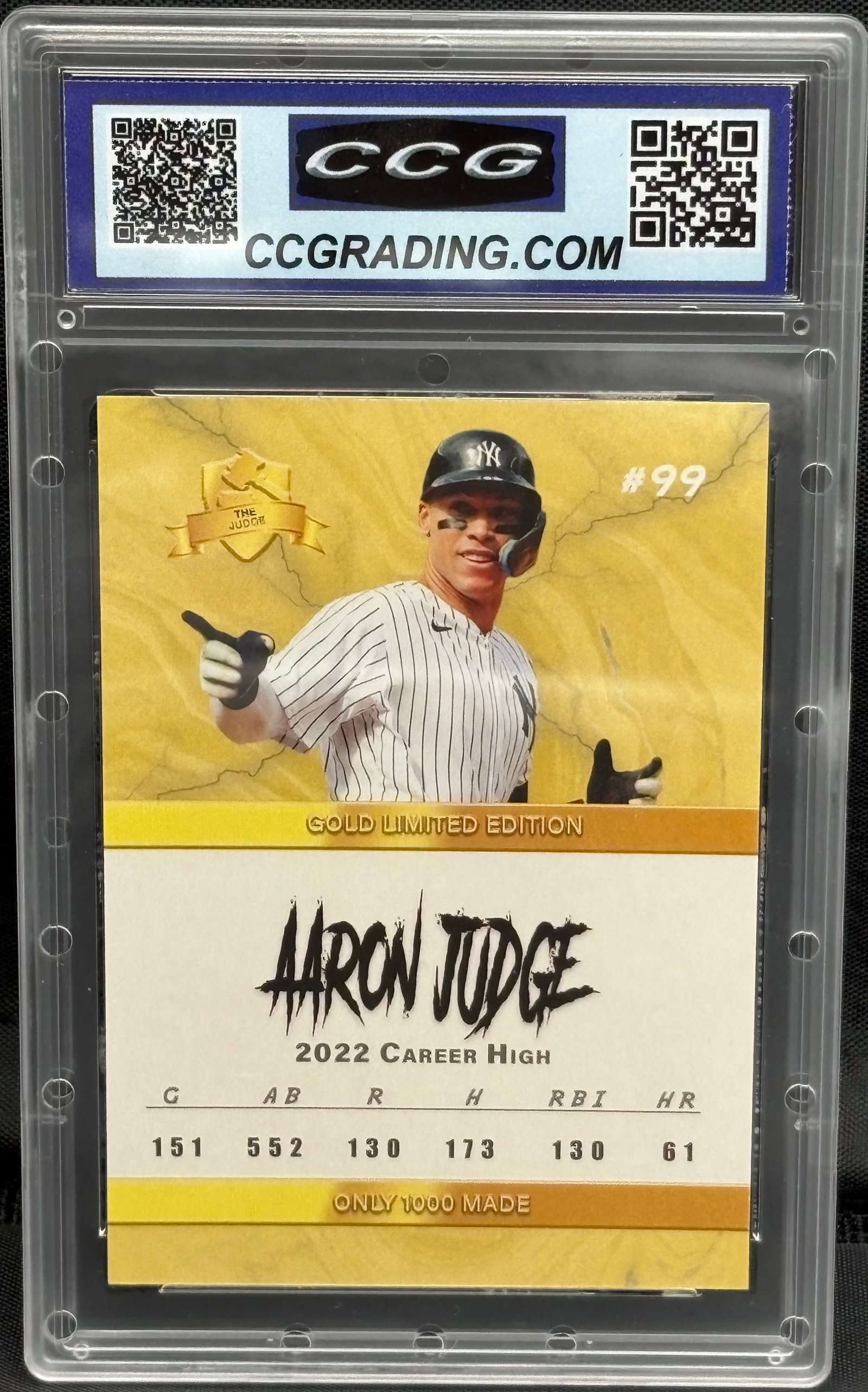 Aaron Judge 2022 Career High Gold Limited Edition: Aaron Judge 2022 Career High – Gold Limited Edition (Only 1000 made)This card honors Aaron Judge's record-breaking 2022 season, featuring a gold design and stunning stats: 151 games, 552 at-bats, 13