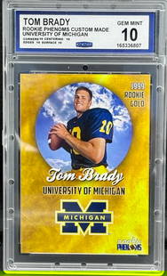 Tom Brady Rookie Phenom Gold: Tom Brady – 1999 Rookie Phenom Gold Custom Card (University of Michigan) – CCG Gem Mint 10Up for bidding is a custom-made Rookie Phenom Gold card of the legendary quarterback Tom Brady, featuring