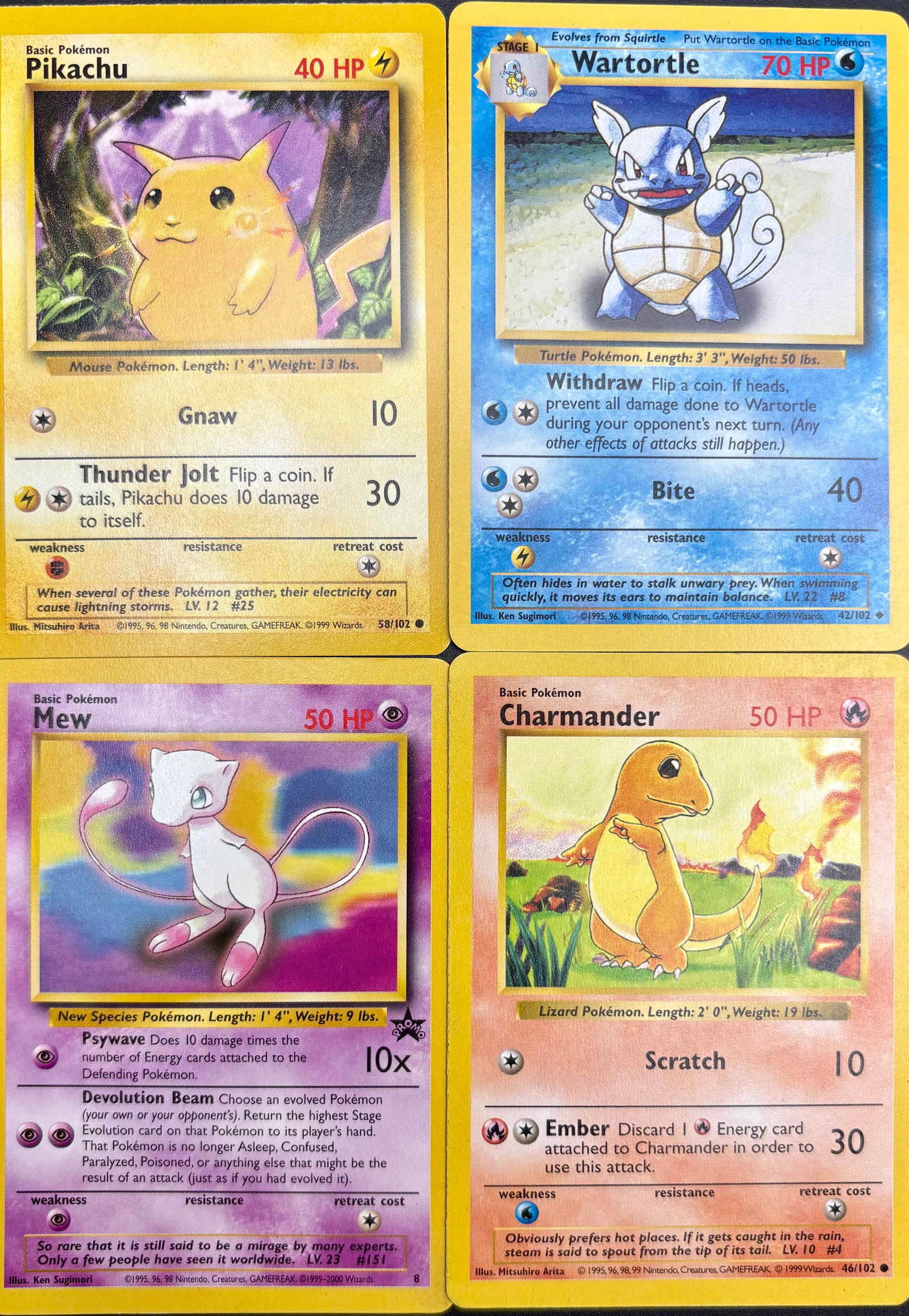 Special lot featuring four classic and highly collectible Pokémon cards: Pikachu, Wartortle, Mew (1 of 1)