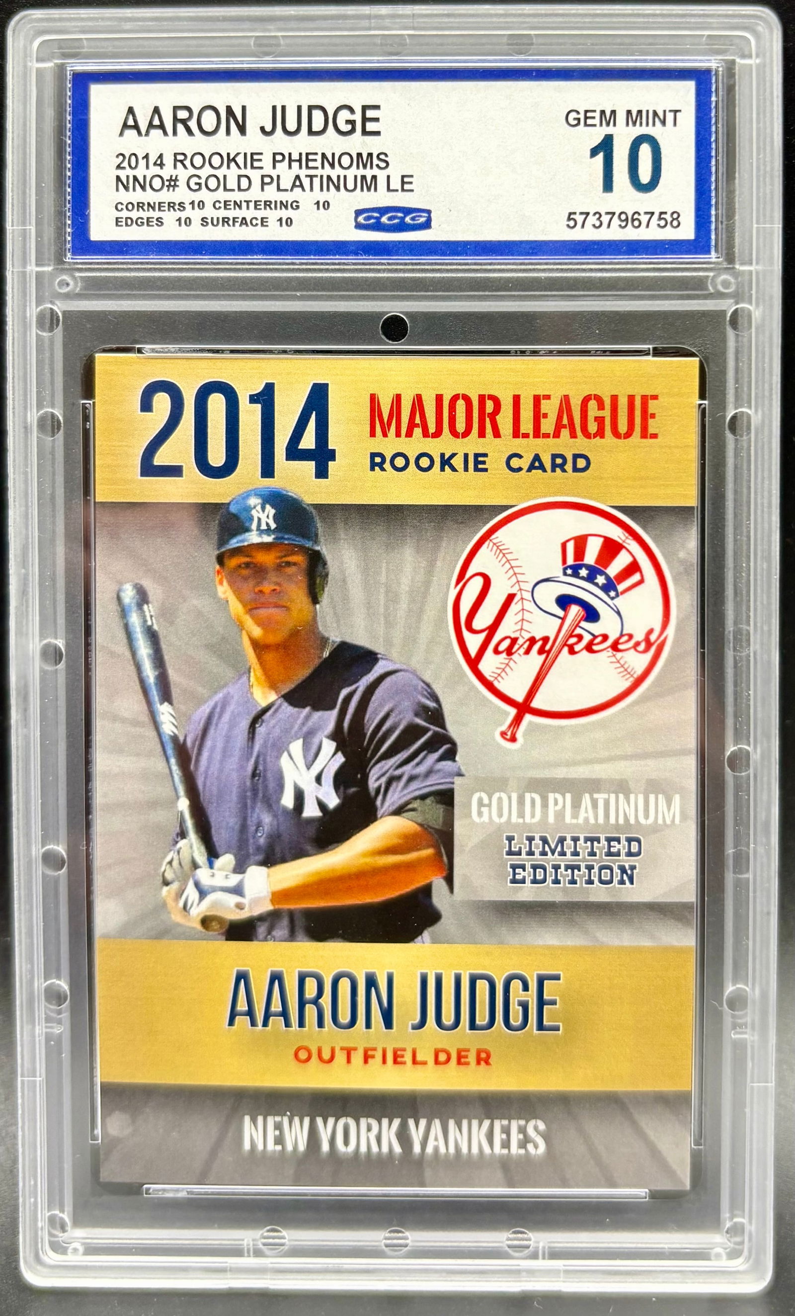 Aaron Judge 2014 Rookie Phenoms Gold Platinum – CCG GEM MINT 10: Aaron Judge 2014 Rookie Phenoms Gold Platinum – CCG GEM MINT 10This limited edition 2014 Rookie Phenoms card features MLB star Aaron Judge in his New York Yankees uniform. Graded GEM MINT 10 by CCG