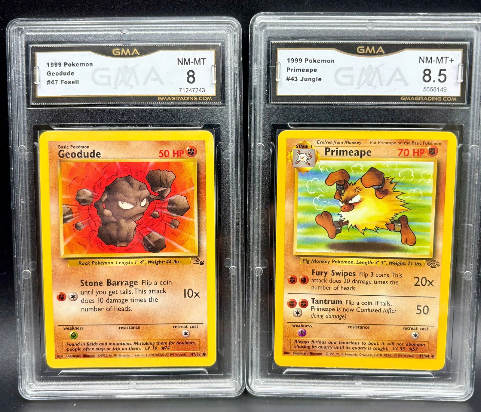 1999 Pokémon Geodude #47 Fossil (GMA 8) + Primeape #43 Jungle (GMA 8.5) Graded Lot: 1999 Pokémon Geodude #47 Fossil (GMA 8) + Primeape #43 Jungle (GMA 8.5) Graded LotThis vintage Pokémon card lot features two original cards from the iconic 1999 Fossil and Jungle sets:Geodude #47 (F