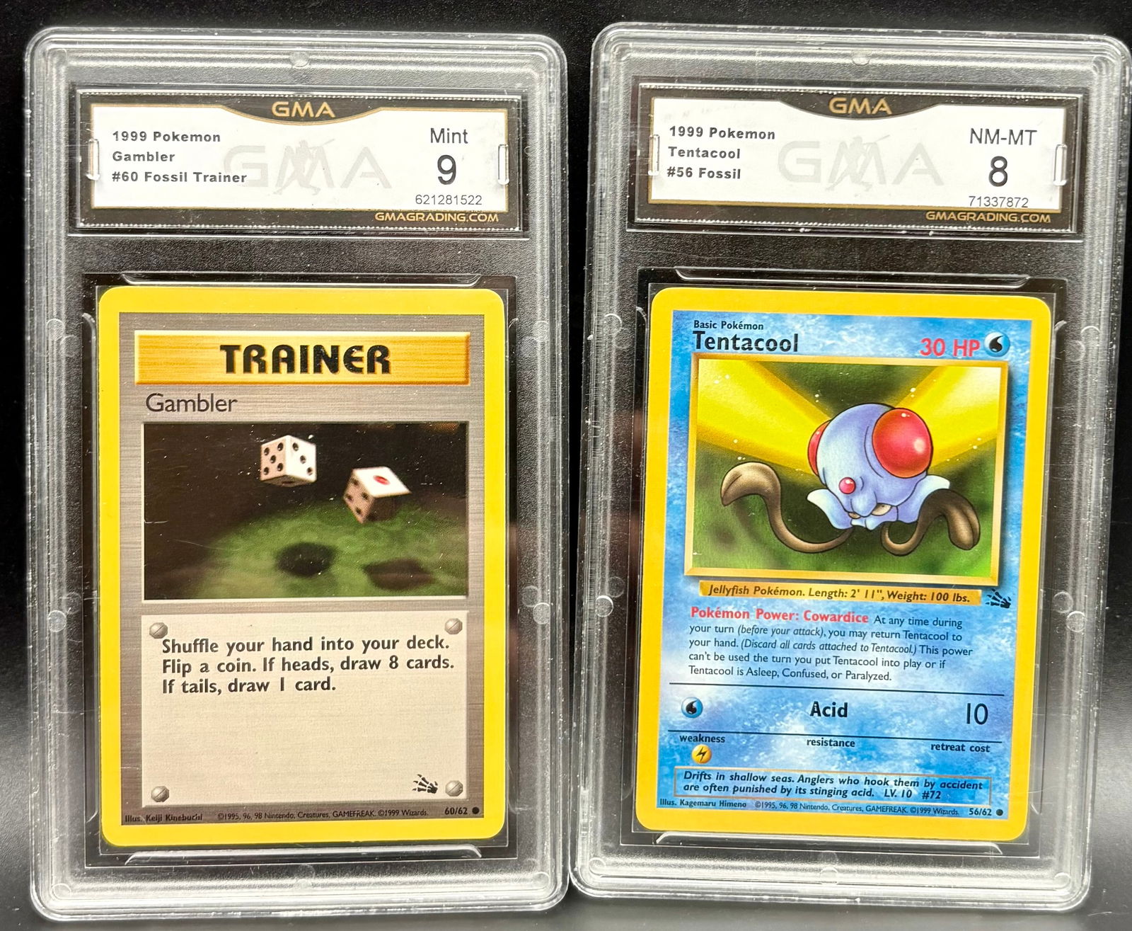 1999 Pokémon Gambler Trainer #60 (GMA 9) + Tentacool #56 Fossil (GMA 8) Graded Lot (1 of 2)