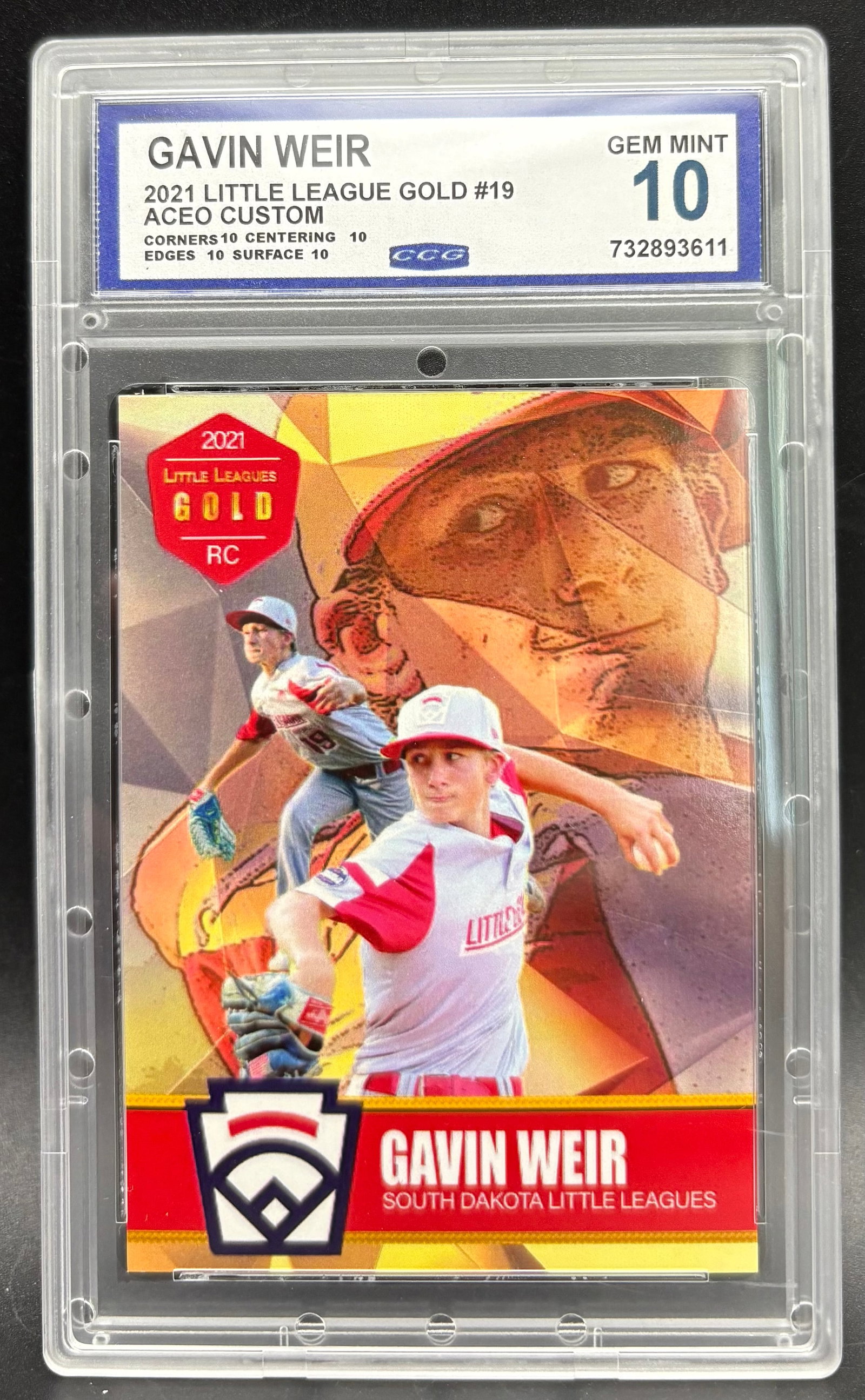 Gavin Weir from the South Dakota Little Leagues: Baseball trading card featuring young pitcher Gavin Weir from the South Dakota Little Leagues. This 2021 Little League Gold #19 edition is graded Gem Mint 10 by CCG. The vibrant design showcases dynam