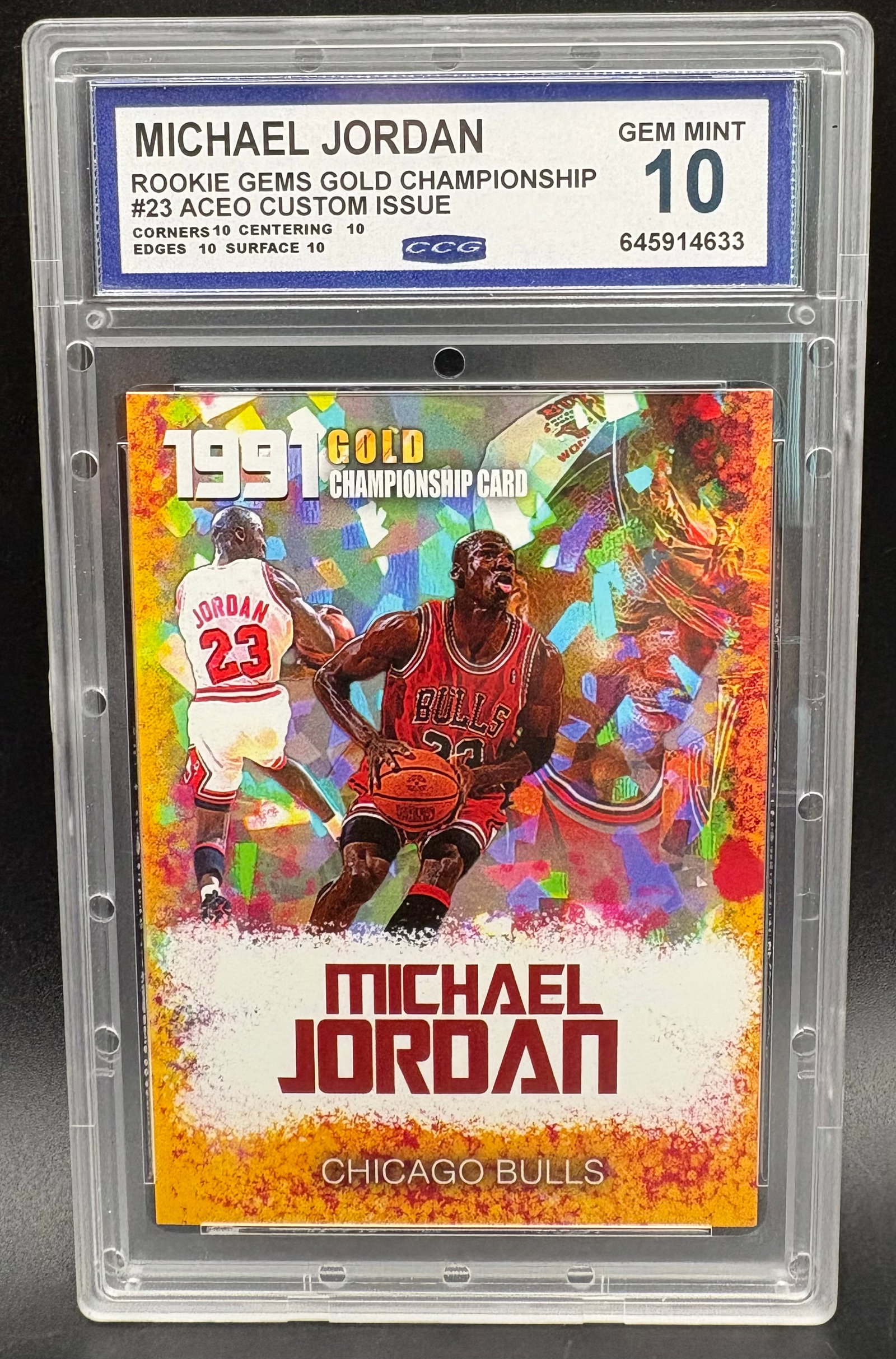 Michael Jordan card: Commemorative Michael Jordan card from the Rookie Gems Gold Championship series, card #23, graded GEM MINT 10 by CCG. This collectible celebrates Jordan’s first NBA Championship with the Chicago Bul