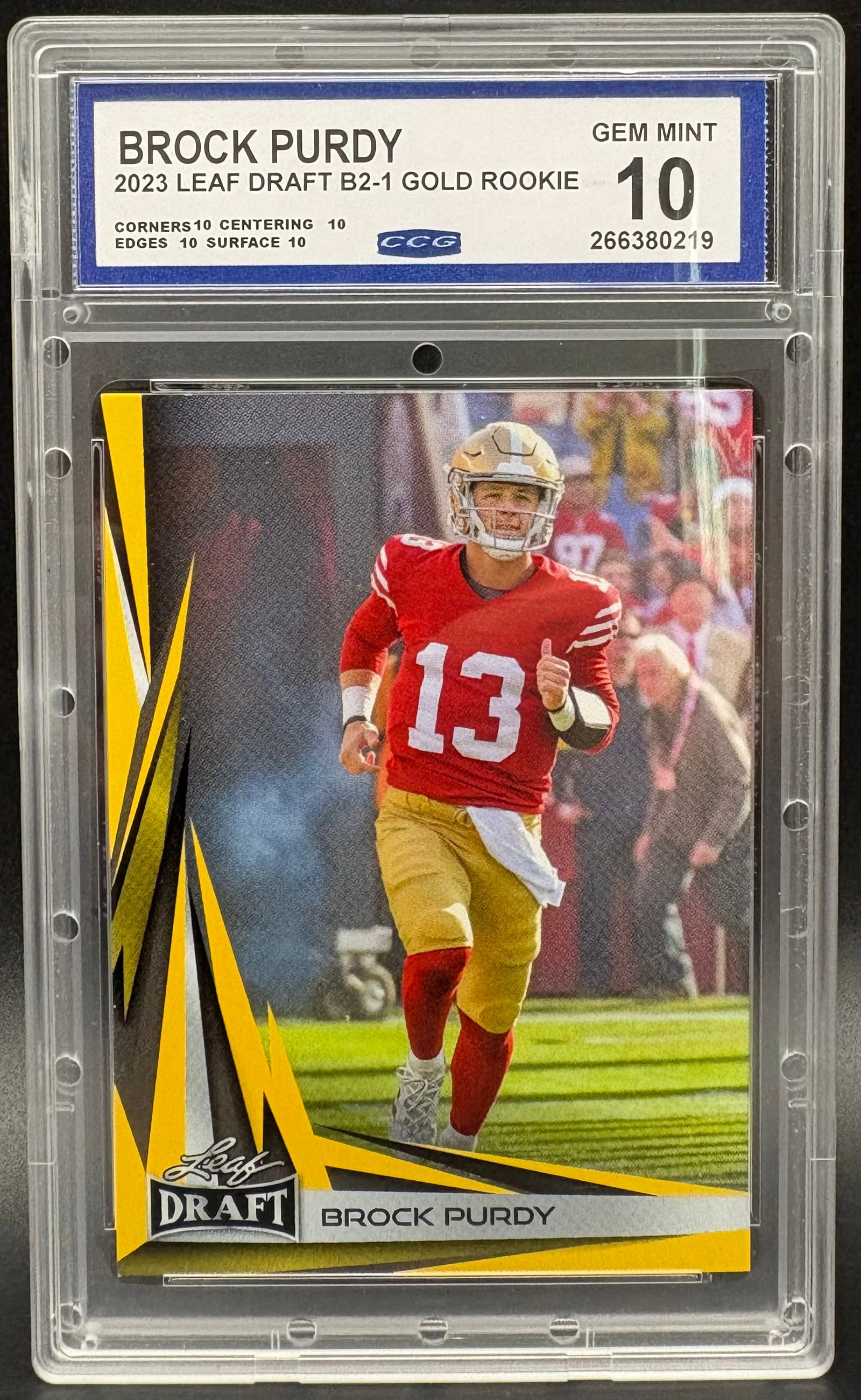 Brock Purdy 2023 Leaf Draft B2-1 Gold Rookie – GEM MINT 10 – CCG Graded (1 of 2)