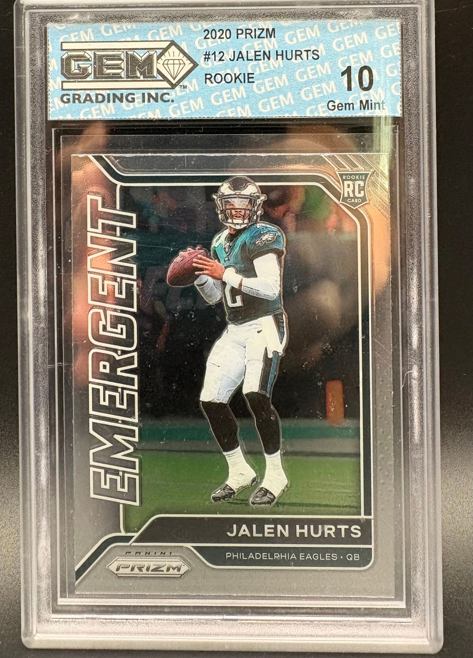 Jalen Hurts 2020 Prizm Emergent Rookie Card #12 – GEM MINT 10 – Philadelphia Eagles (1 of 2)