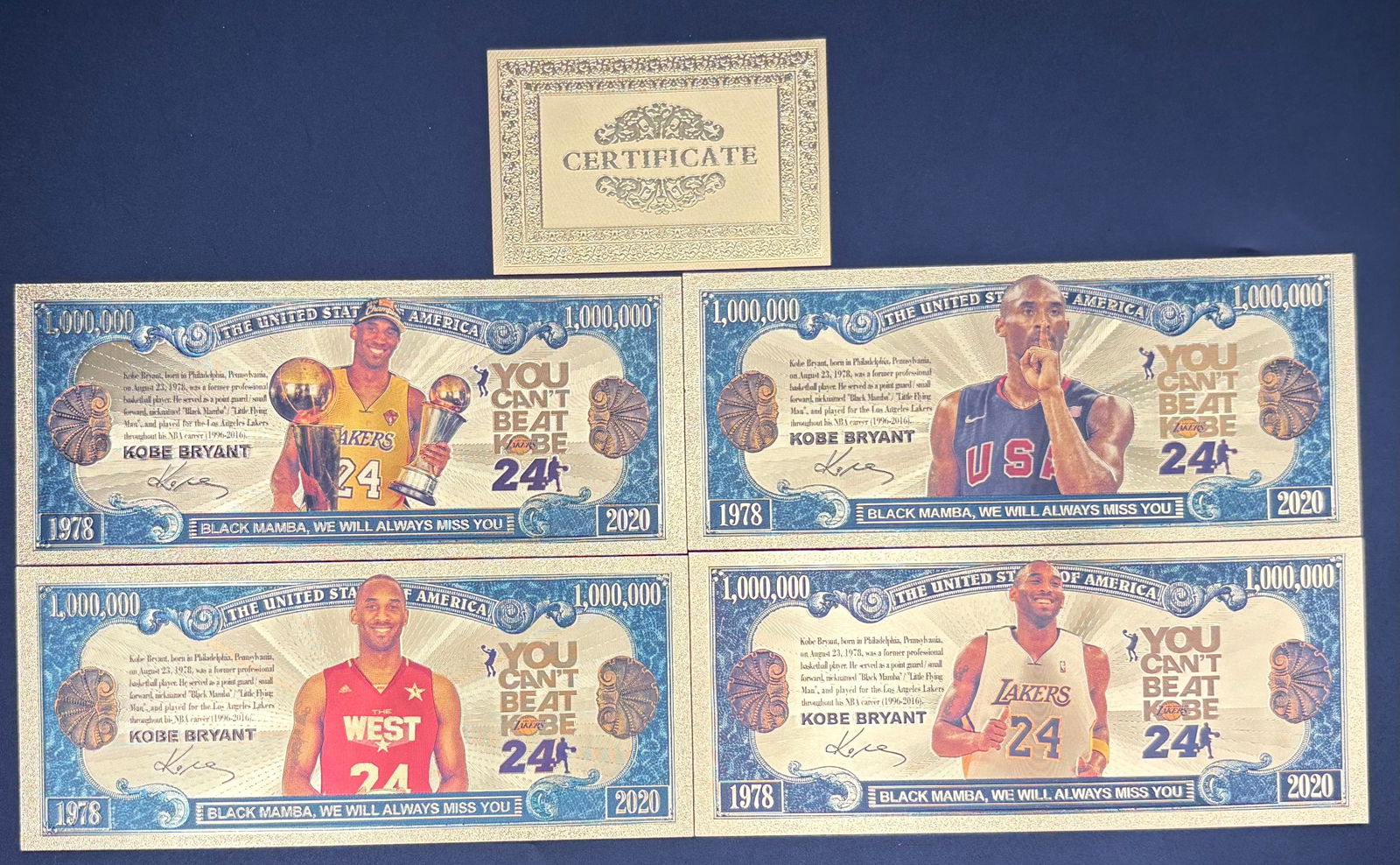 Kobe Bryant Million Dollar Tribute Bills – Set of 4 with Certificate – Limited Edition (1 of 3)