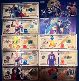 Set of 12 Golden Collectible Bills – Star Wars, Disney, Tweety & Kobe Bryant – Limited Fantasy