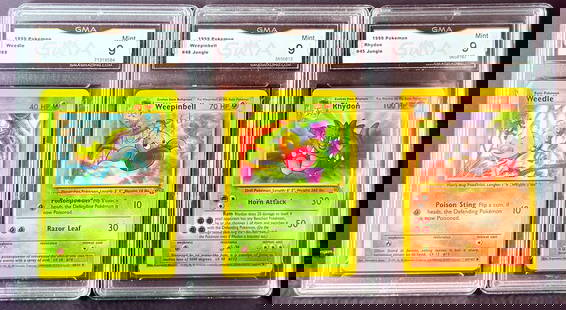 Cloyster / Rapidash / Magmar - 1999 Fossil & Jungle Set GMA 8.5: This lot features three vintage 1999 Pokemon cards graded 8.5 (NM-MT+) by GMA:Cloyster (#32 Fossil) – Water type with Clamp and Spike CannonRapidash (#44 Jungle) – Fire type with Stomp and Agility