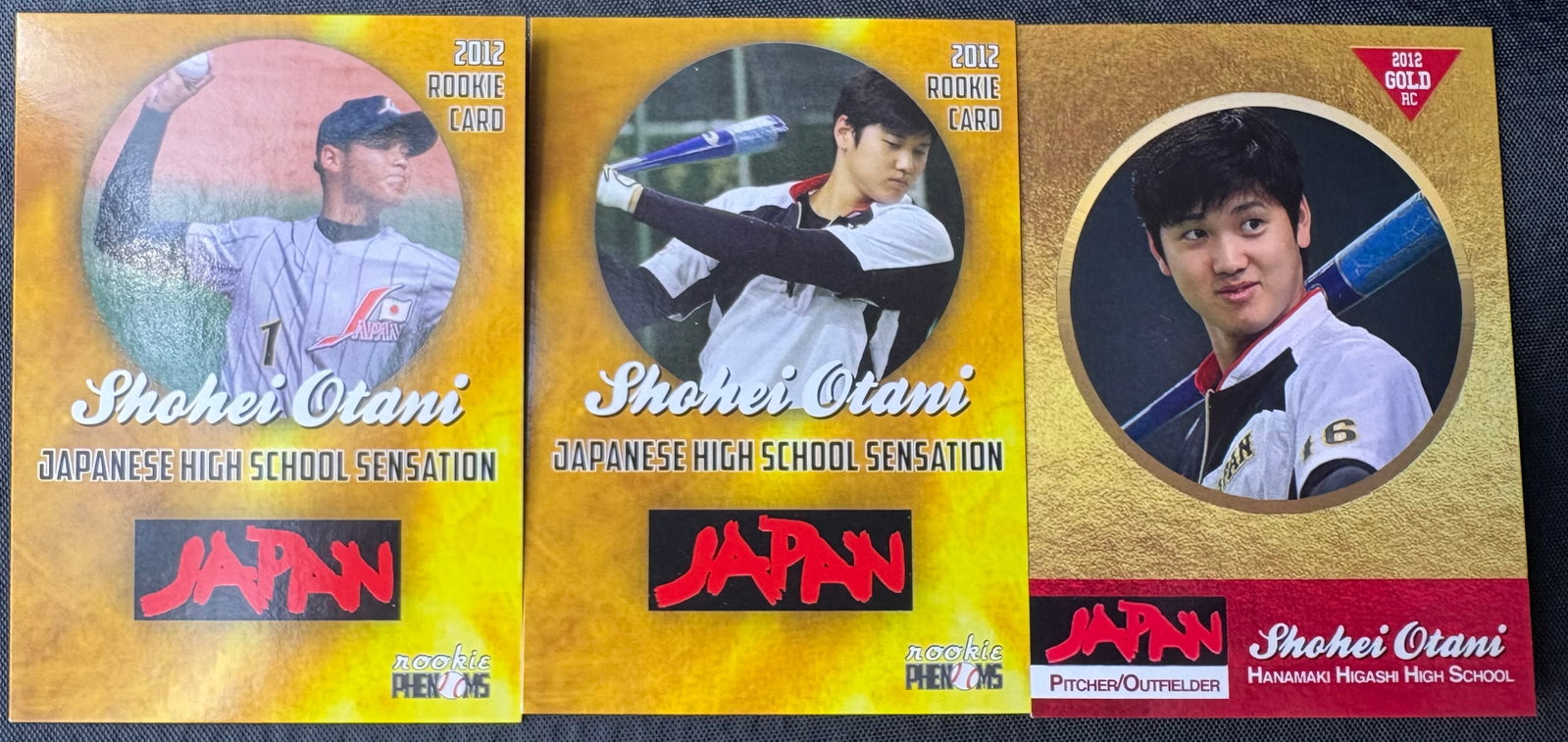 Shohei Ohtani – 3x Rookie Cards (2012 Japan High School Phenom): Lot of 3 rookie-style tribute cards featuring Shohei Ohtani from his early days in Japan, labeled “2012 Rookie Card” and highlighting his high school career at Hanamaki Higashi. Each card feat