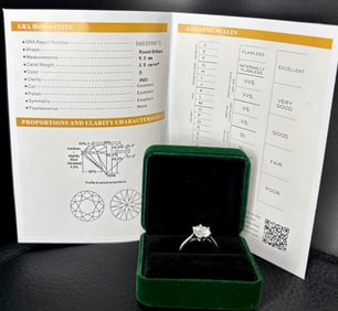 Moissanite Ring 3ct Round Brilliant GRA Certified D Color VS1