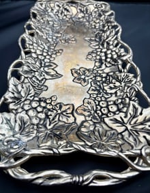Ornate Metal Tray with Grape and Leaf Relief