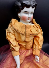 Antique Porcelain Doll with Yellow Dress and Tulle Skirt