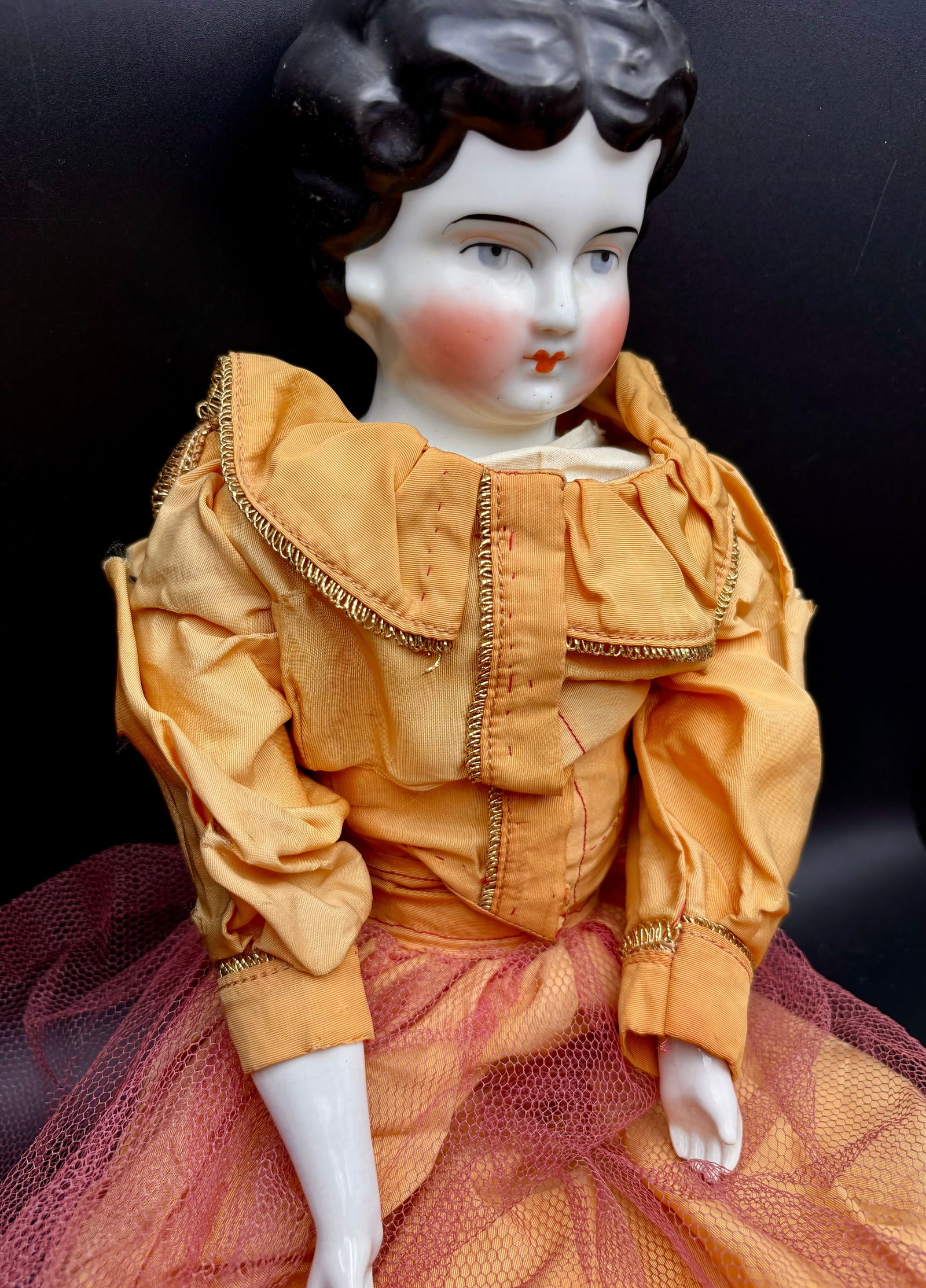 Antique Porcelain Doll with Yellow Dress and Tulle Skirt (1 of 3)