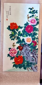 Traditional Chinese Scroll Painting – Peonies and Scholar’s Rock