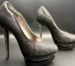 Black Glitter Heels with Rhinestone Embellished Heel – Size 8 US