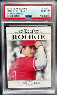 2018 Leaf Rookie Shohei Ohtani Achievement #RA-01 PSA GEM MT 10: This 2018 Leaf Rookie Achievement card features Shohei Ohtani in his debut MLB season, graded GEM MINT 10 by PSA. A clean, classic design highlights Ohtani's dual-role excellence as a right-handed pit