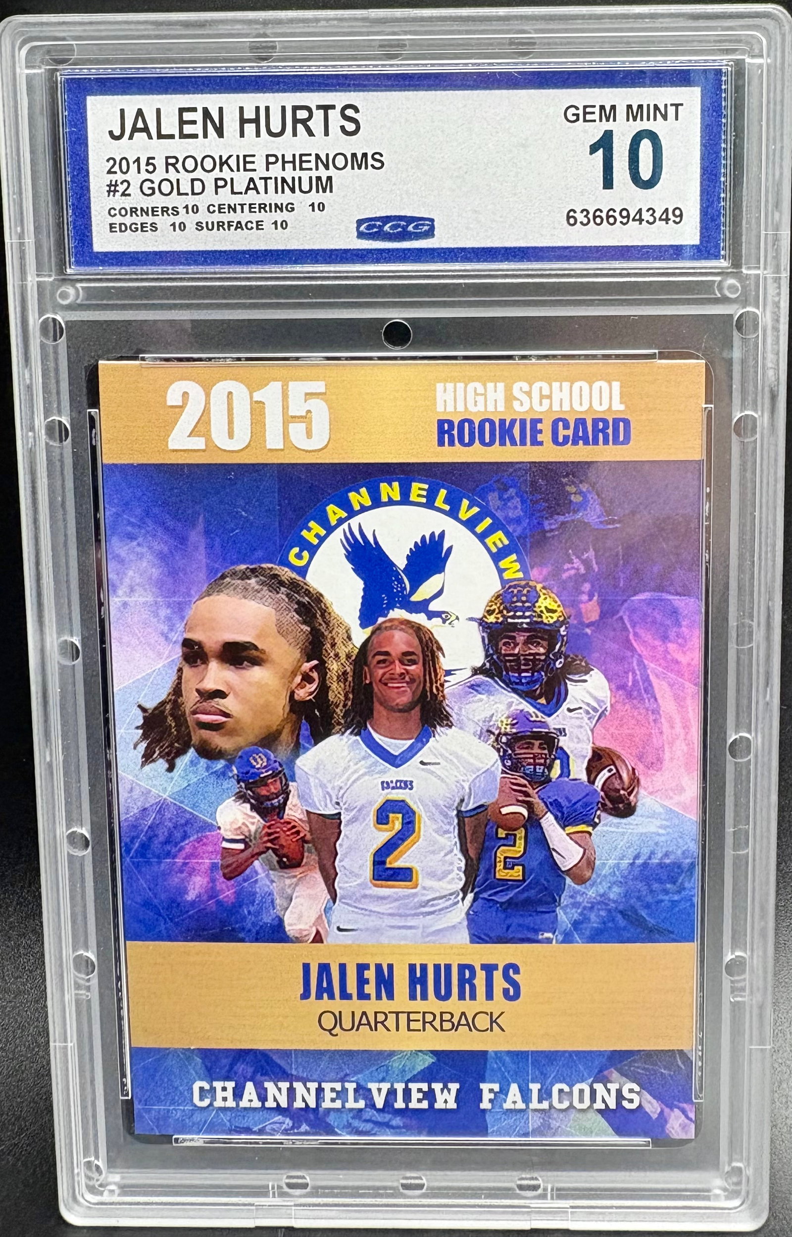 Jalen Hurts 2015 Rookie Phenoms Gold Platinum #2 GEM MINT 10: High School rookie card of quarterback Jalen Hurts, from the 2015 Rookie Phenoms Gold Platinum series. Graded GEM MINT 10 by CCG with perfect 10s across all subgrades (Corners, Centering, Edges, Surfa