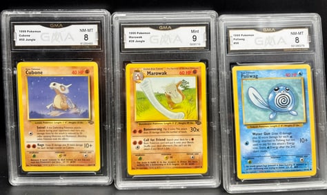 Cubone, Marowak, and Poliwag 1999 Pokemon Cards GMA 8-9