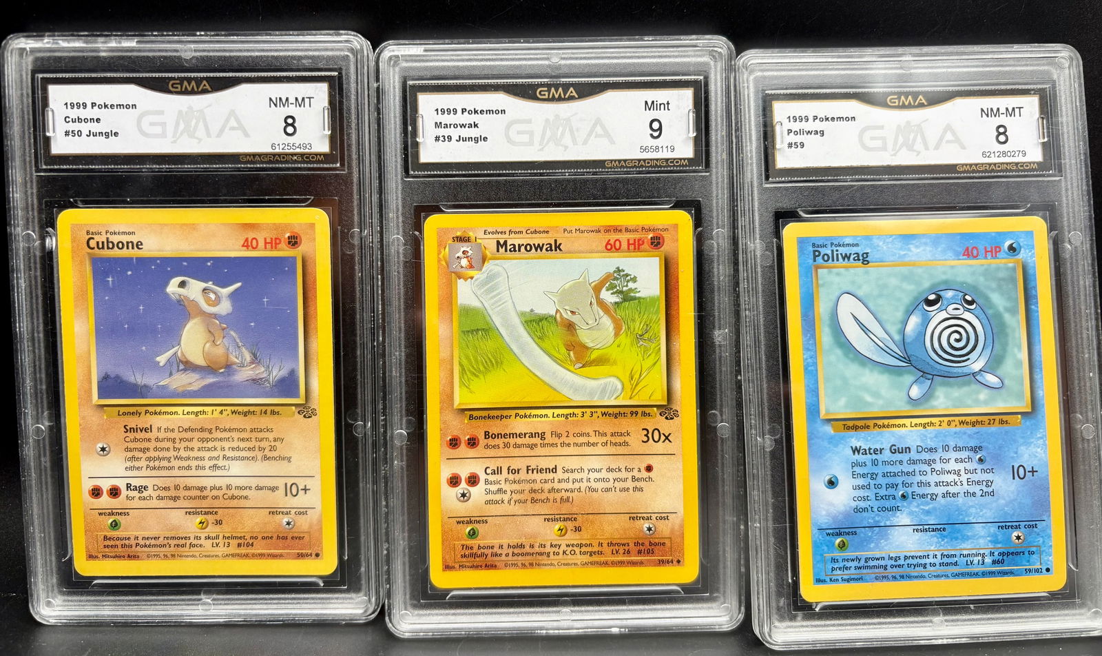 Cubone, Marowak, and Poliwag 1999 Pokemon Cards GMA 8-9 (1 of 1)
