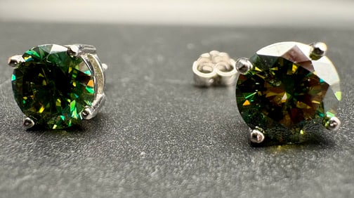 Green Moissanite Stud Earrings 2.0ct Each Brilliant Round Cut