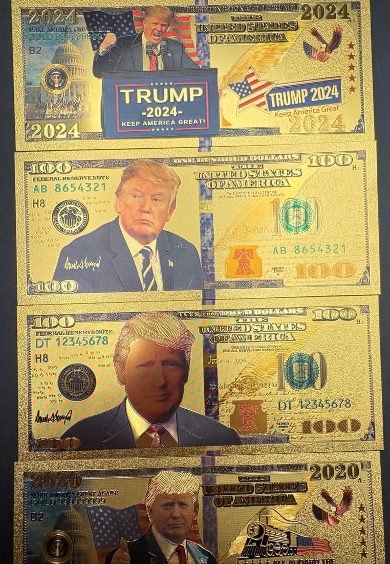 Set of 4 Gold-Plated Trump 2020 & 2024 Commemorative Bills: Collection of four gold-plated commemorative bills featuring former U.S. President Donald Trump. Each note displays unique designs related to the 2020 and 2024 campaigns, including patriotic symbols a