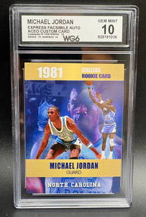 Michael Jordan 1981 College Rookie Card – Facsimile Autograph: Basketball collectible card featuring Michael Jordan from North Carolina, styled as a 1981 College Rookie Card. The design presents dynamic in-game imagery with a printed facsimile autograph on the fr