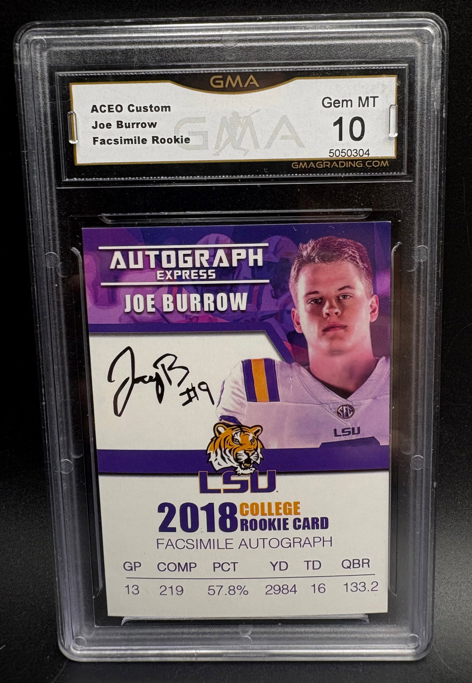 Joe Burrow LSU Tigers Football Card – Facsimile Rookie: Football collectible card featuring Joe Burrow from his 2018 LSU Tigers college season, part of the Autograph Express design. The card includes a printed facsimile signature on the front and showcases