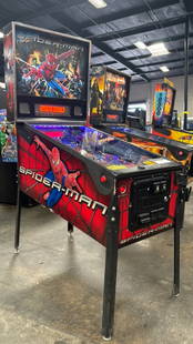 SPIDERMAN PINBALL MACHINE STERN 2007: CONDITION AS SHOWN IN PICTURES. Notes: Swing into action with Stern’s 2007 Spider-Man pinball machine, designed by legendary game designer Steve Ritchie. Featuring striking comic-style artwork by Ke