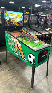 FLIPPER FOOTBALL PINBALL ARCADE GAME CAPCOM: CONDITION AS SHOWN IN PICTURES. Notes: Kick off the fun with Capcom’s 1996 Flipper Football, a soccer-themed pinball machine designed by Wally Welch. With playful cartoon-style artwork by Paul Faris