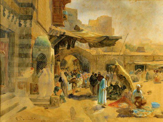 Gustav Bauernfeind, German Orientalism Art 1887: Gustav Bauernfeind, German Art, 1848 - 1904, The Market in Jaffa, 1887, Watercolor, 39x53cm, Signed, dated and described. The present work relates to the 1887 oil of the same title, measuring 32 by 43