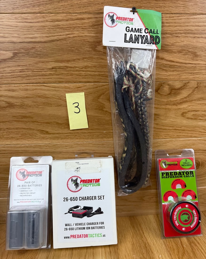 Lot of Predator Tactics - Game Call Lanyard - Predatore Diaphragm Call - 26-650 Batt.+Chrgr. #3: See Picture for Details. Ask any questions before bidding as all sales are final. If you bid, you own itâ€¦