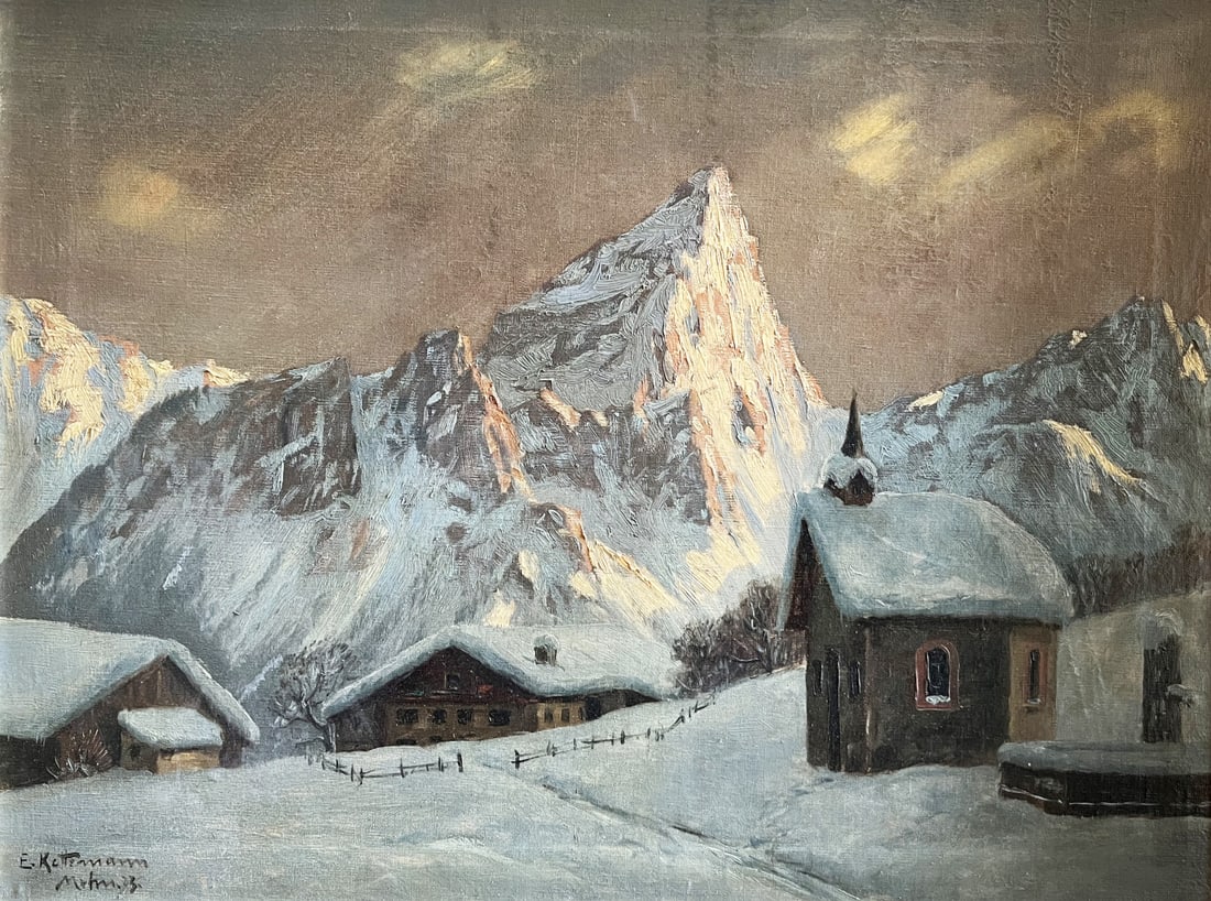Erwin Kettemann, Winter landscape: Erwin Kettemann (1897-1971), Winter landscape in the mountains with snow-covered houses and a small chapel in front of a sunlit mountain backdrop, Lermoos (Tyrol) View of Sonnenspitze in winter,
