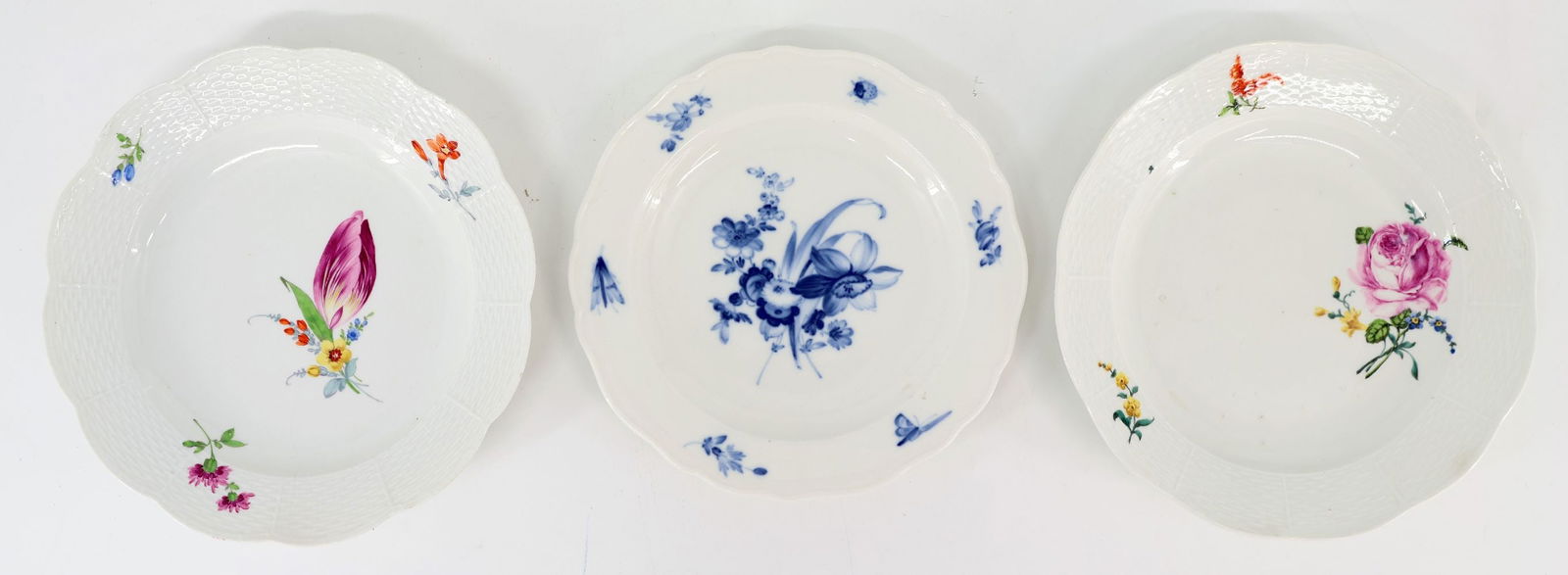 Meissen 3 plates: Meissen, 18th/19th century, 3 plates, one minimally chipped and with a hairline crack, 2 x Marcolini star, one with Meissen knobbed swords, signs of age, D 22 and 24 cmMeissen, 18./19. Jh., 3 Teller,