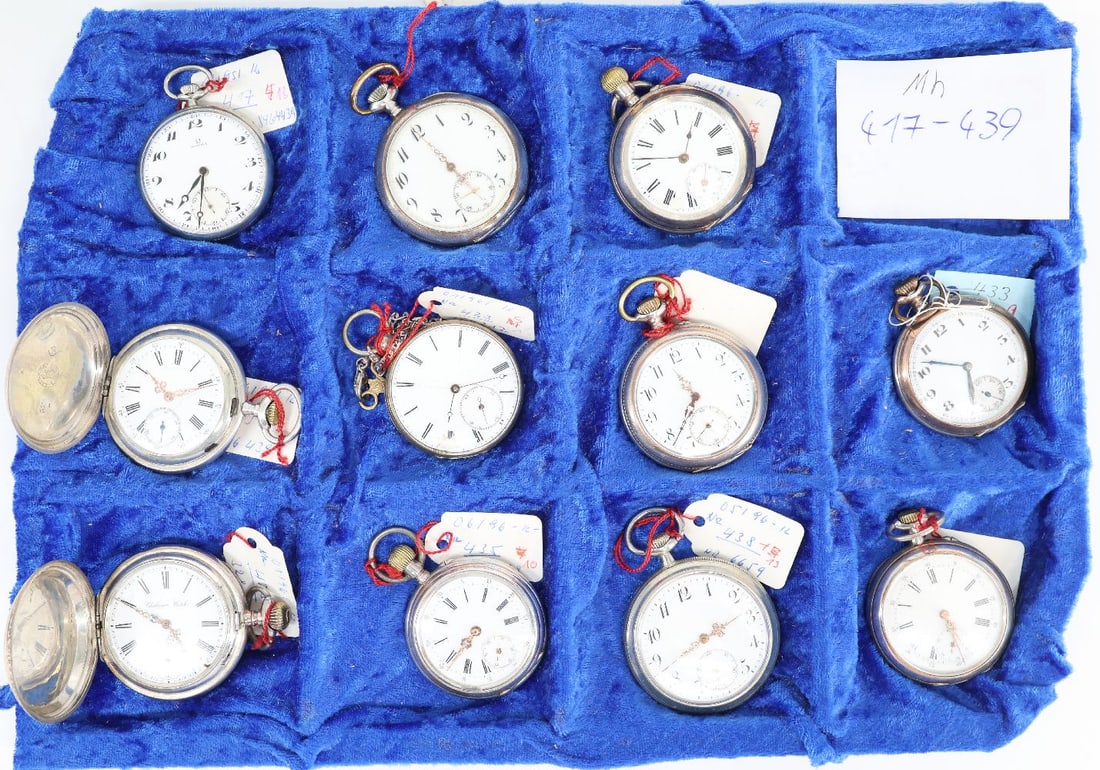Set of 11 pocket watches, one marked (Omega) (1 of 4)