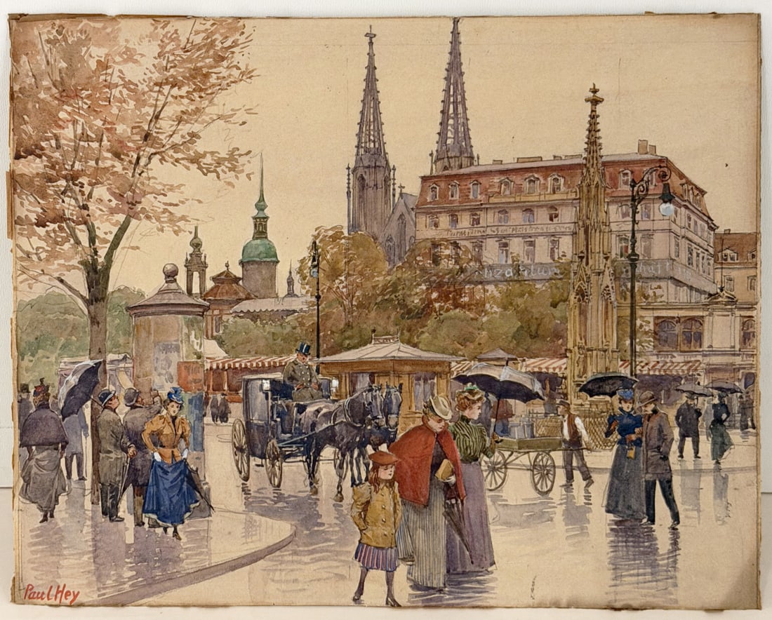 Paul HEY (1867 - 1952). Rain in the city.: Paul HEY (1867 Munich - 1952 Gauting). Rain in the city. City scene with people and churches. Signed. Mixed media/drawing on cardboard, 24 x 30 cmPaul HEY (1867 München - 1952 Gauting). Regen in