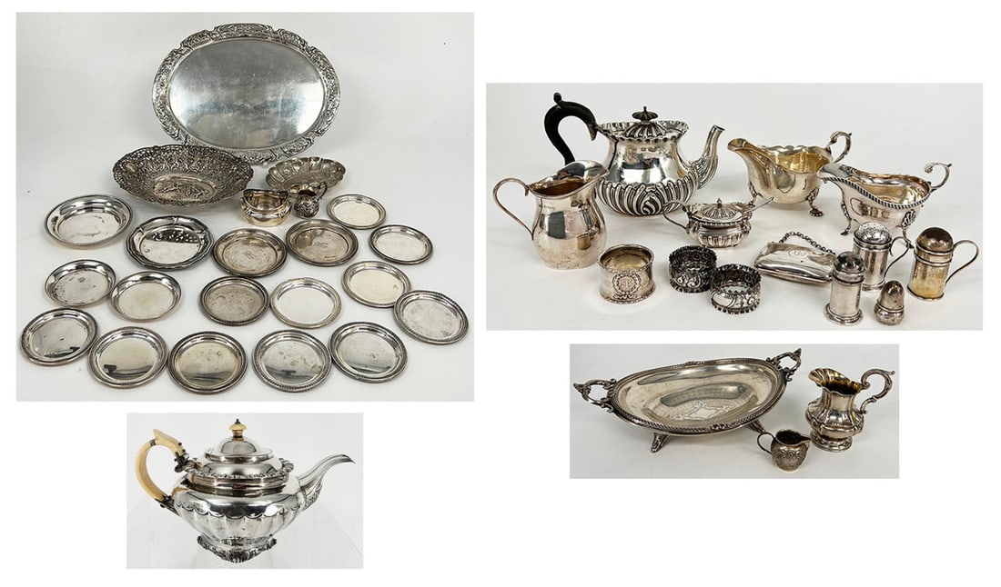 A large assortment of silver: A large assortment of silver: oval tray, 35.5 x 27.5 cm; oval bowl, Hildesheim rose, 24 x 20 cm; small oval bowl with fruit relief, 15.5 x 11 cm; 17 small flat plates and coasters, d. between 9.5 and