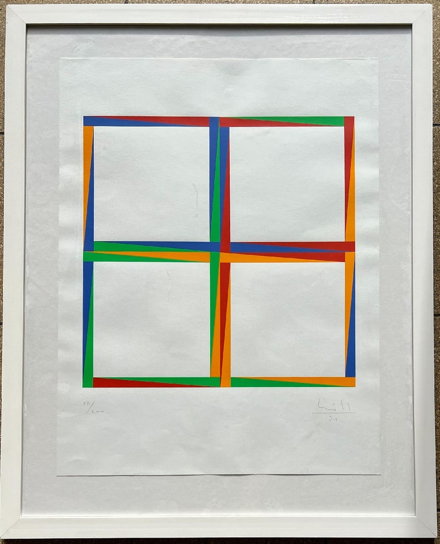 Max BILL (1908–1994), Concrete Composition: Max BILL (1908–1994), Concrete Composition in Red, Yellow, Green and Blue, copy 82 of 200, lithograph, signed, 65 x 50 cm, framed 83 x 67 cmMax BILL (1908-1994), Konkrete Komposition in Rot, Gel