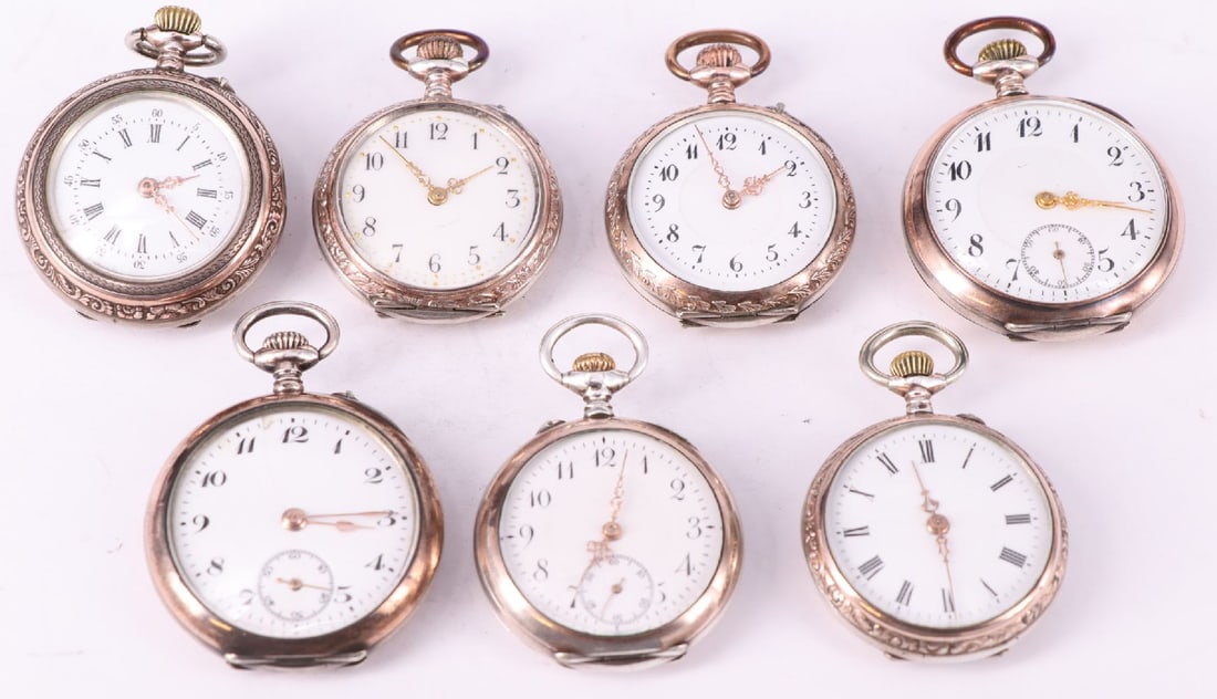 7 small pocket watches or fob watches, silver (1 of 3)