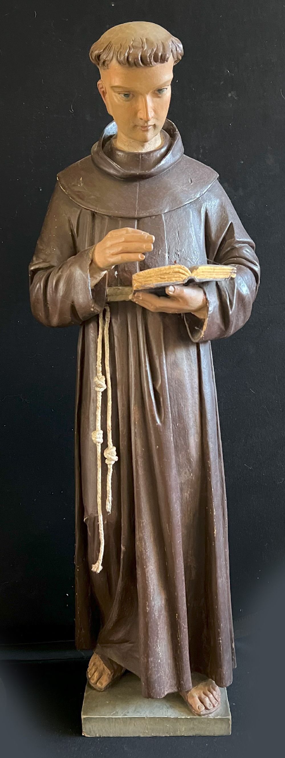 Young deacon, 19th century, wood, painted, monk: Young deacon, 19th century, wood, painted, shown as a monk with a cowl and tonsure and a book in his hand, paintwork renewed, signs of age, 89 cm Junger Diakon, 19. Jh., Holz, farbig gefasst, als