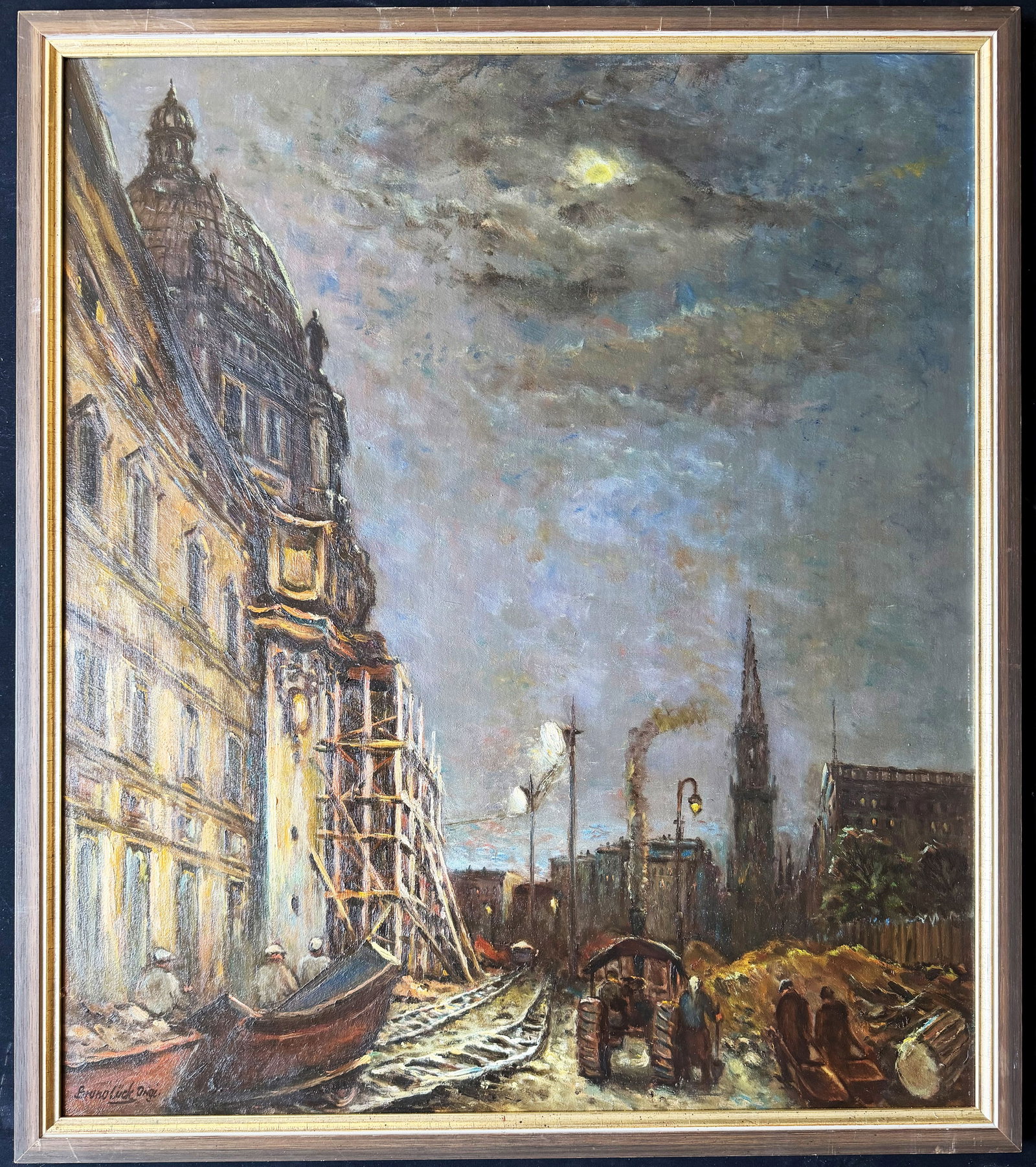 Bruno Lück (1887–?), Nighttime City Scene,: Bruno Lück (1887–?), Nighttime City Scene, signed and inscribed on the reverse “Berliner Schloss 1946,” oil on wood, 96 x 83 cm, framed 104 x 89 cm Bruno Lück (1887 - ?),