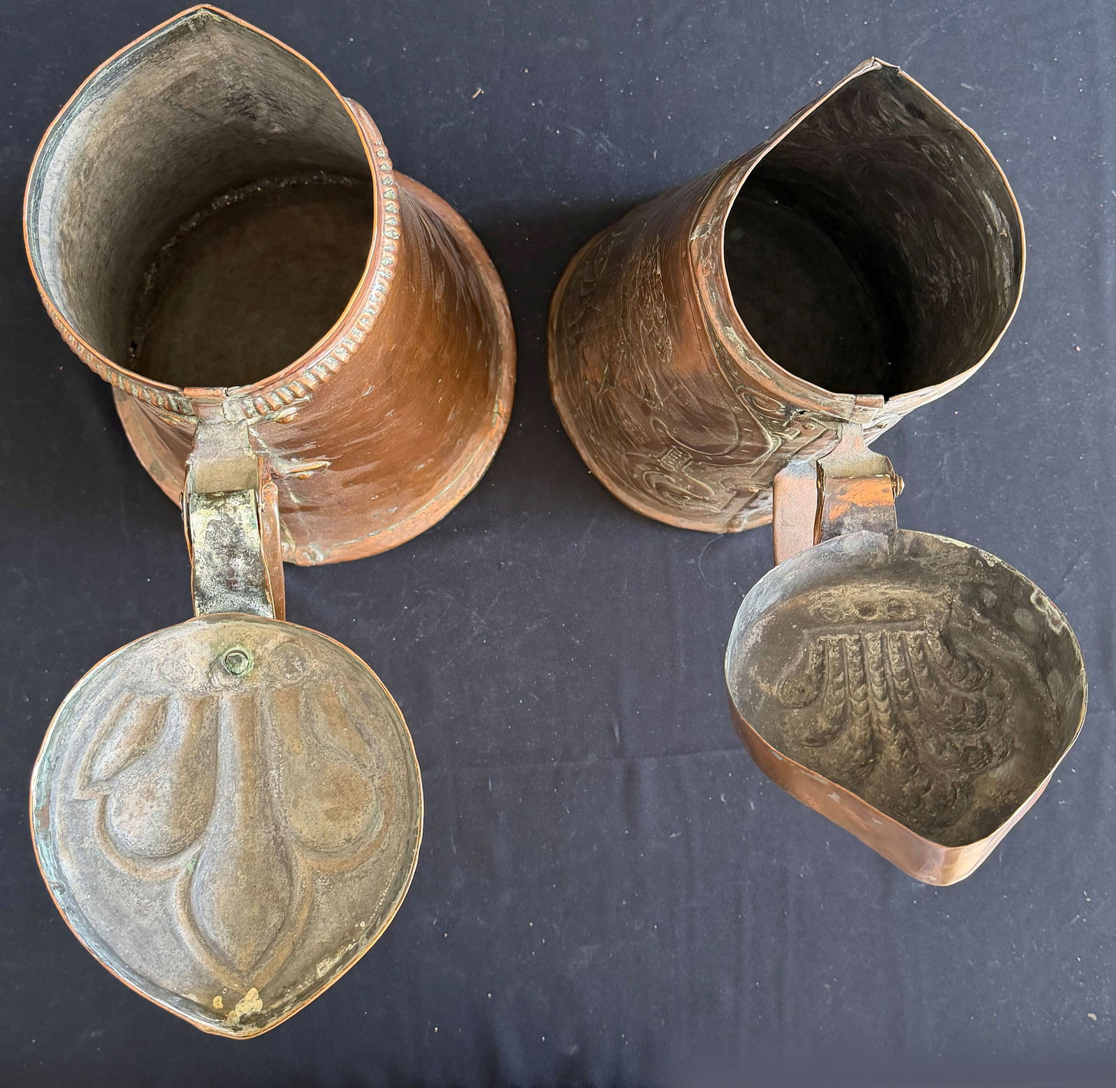 2 large copper pitchers, circa 1800, - 2