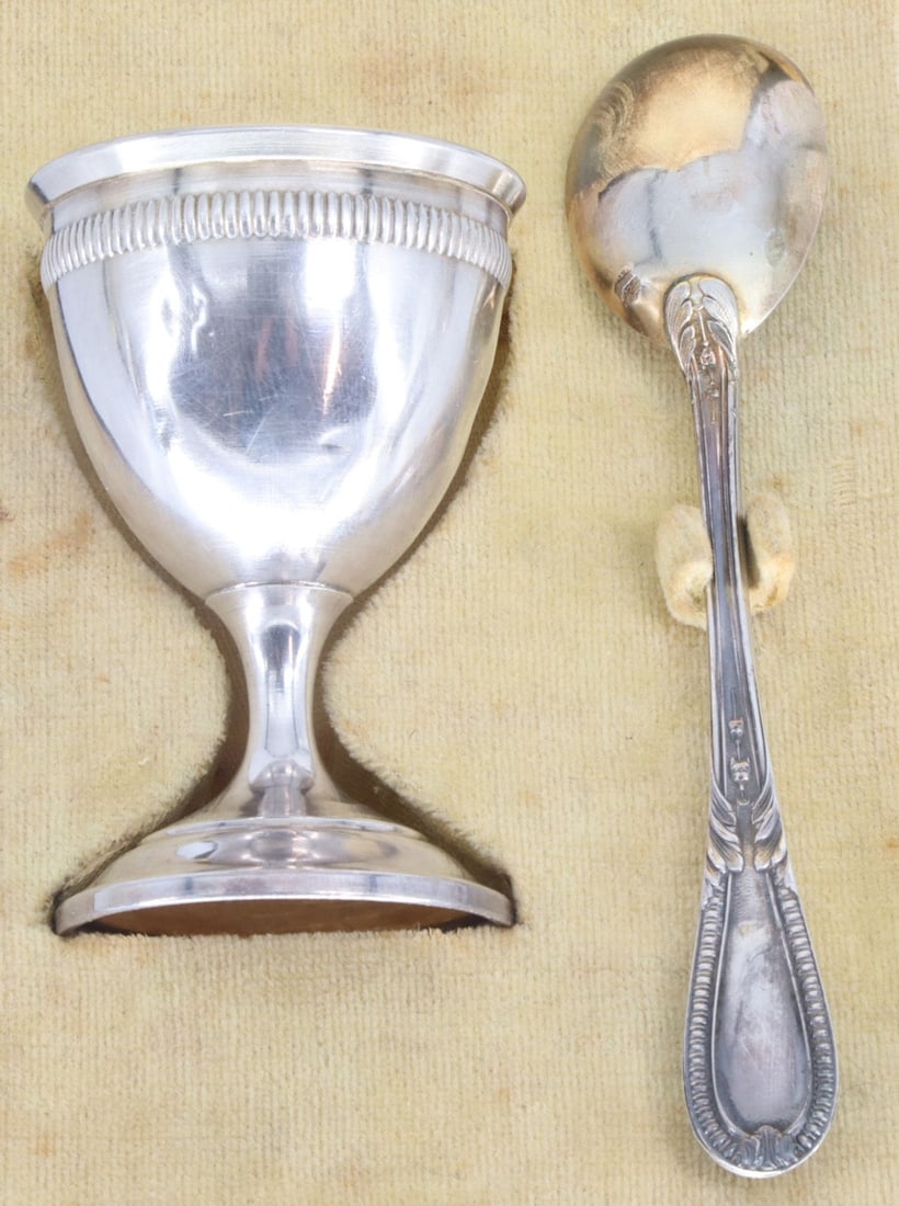 France, egg cup and spoon in a box, silver, - 2