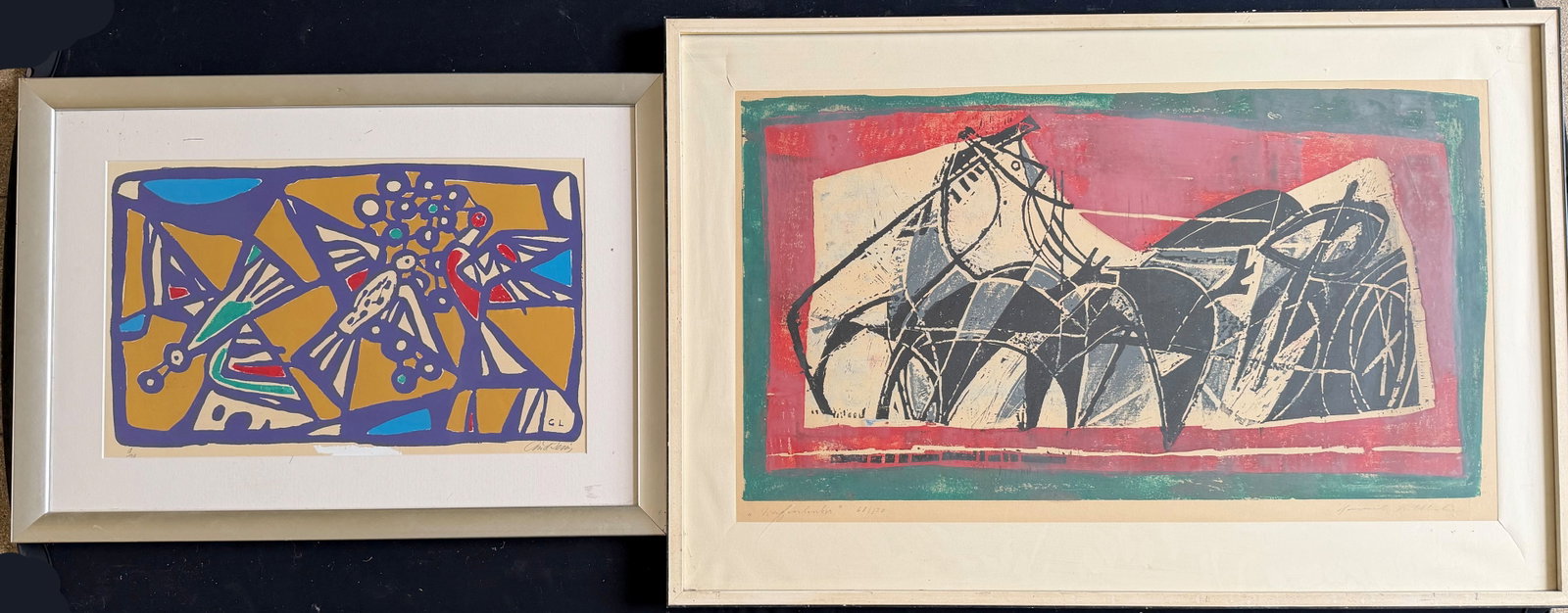 Heinrich Wilhelm (1913–1969), Charioteer,: Heinrich Wilhelm (1913–1969), Charioteer, no. 68 of 150, 70 x 107 cm, framed 76 x 110 cm; Curd Lessig (1924–2019), Abstract Composition with Birds, hand-signed, silkscreen print, 51 x 74
