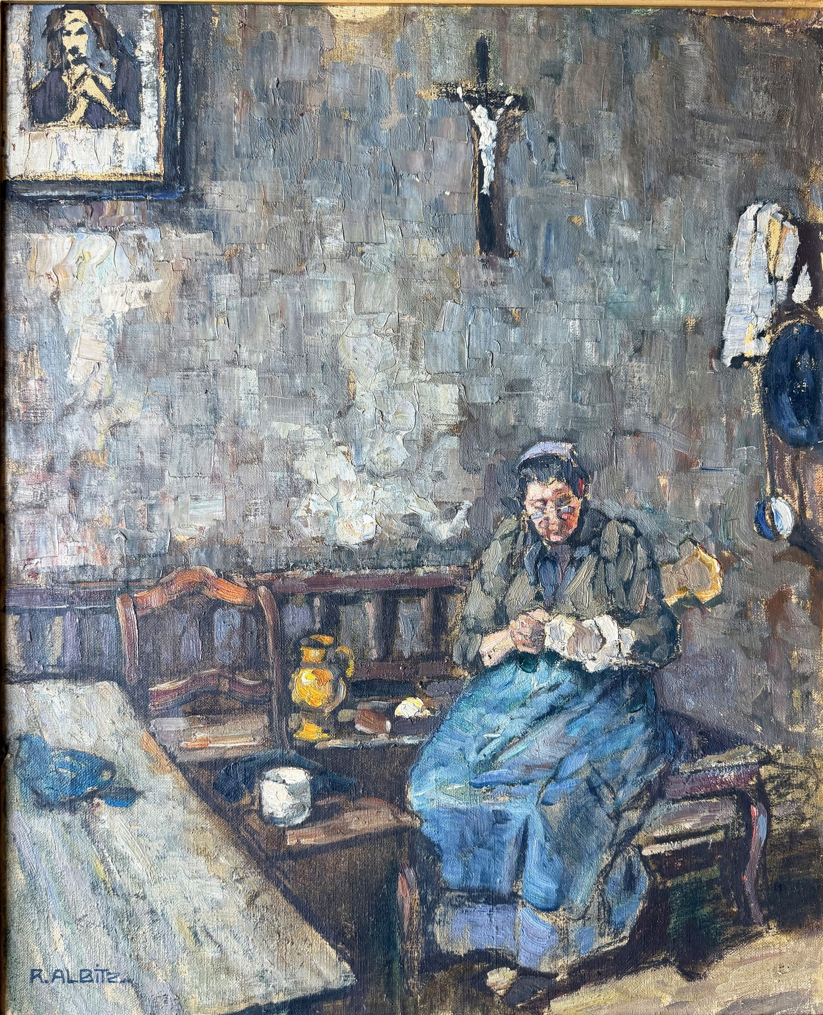 Richard ALBITZ (1876–1954), Rural Interior: Richard ALBITZ (1876–1954), Rural Interior with an Old Woman, a Crucifix, and a Madonna, signed and inscribed on the reverse as “Interieur aus Oberfranken,” oil on canvas, 65 x 52