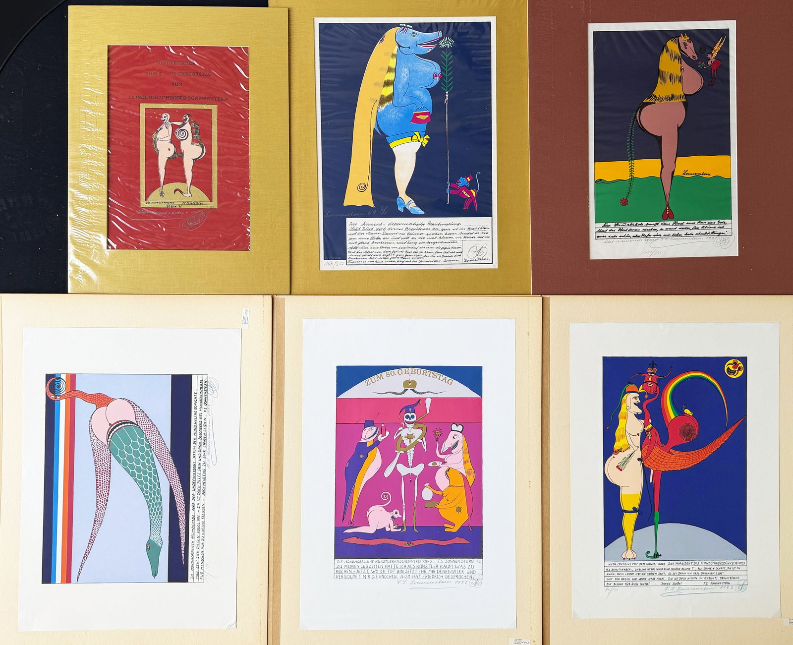 Friedrich SCHROEDER-SONNENSTERN (1892–1982), prints: Friedrich SCHROEDER-SONNENSTERN (1892–1982), set of six prints, with mat: 5 x 75 x 55 cm, 1 x 60 x 44 cm. The Comical-Diplomatic Courtship, 167/222; The Weeping Horse, 1971, signed by the artist