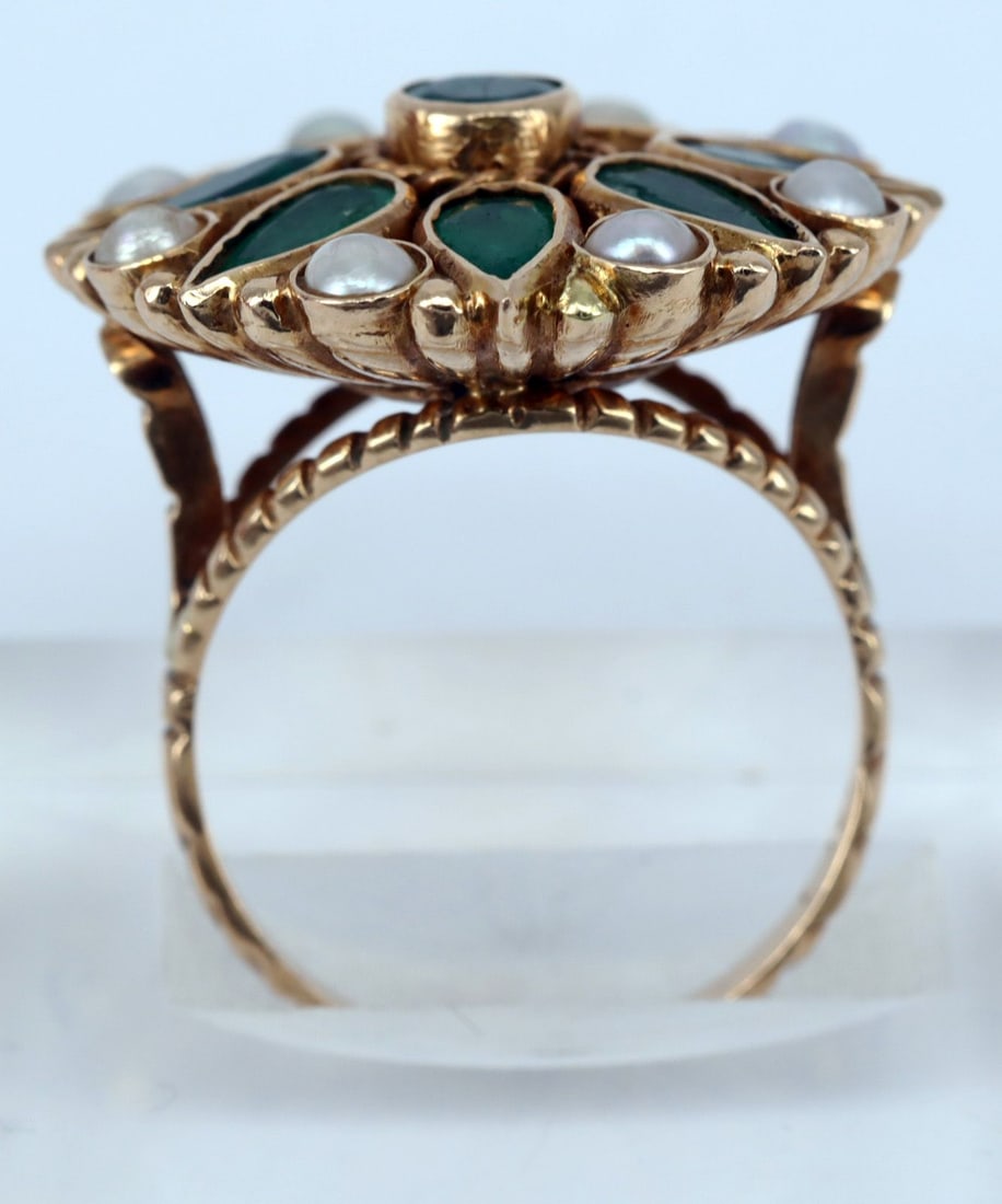 Ring, 14k gold, 8.98 g. Set with emeralds and perls - 3