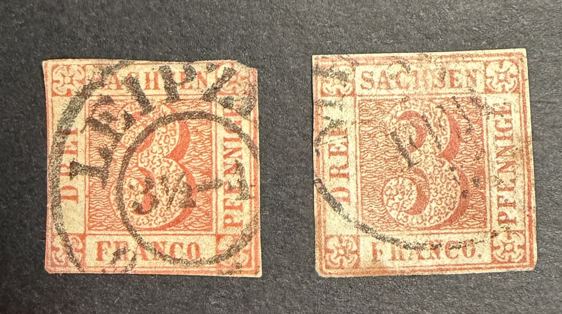 2 x Sachsendreier stamp: 2 x Sachsendreier stamp, Saxony, three pfennig red. The first postage stamp of the Kingdom of Saxony. Both verified, both genuine. Authenticity verified on 26 January 2026. (one of Germany's most