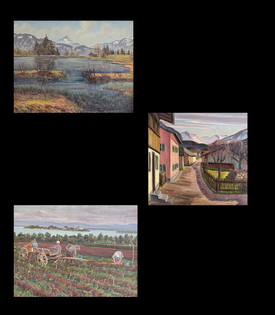 Leonhard ECKERTSPERGER, 3 paintings: Leonhard ECKERTSPERGER, estate sale, all signed: 1 x Mountain Lake, oil on canvas, 70 x 90 cm (framed 80 x 100 cm); 1 x Mountain Village, oil on hardboard, 61 x 81 cm (framed 71 x 91 cm); 1 x Farmers